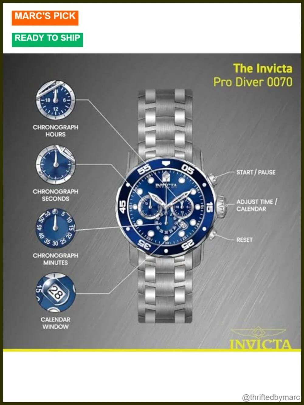 Men's Stainless Steel Chronograph Watch 48mm Luminous Hands
